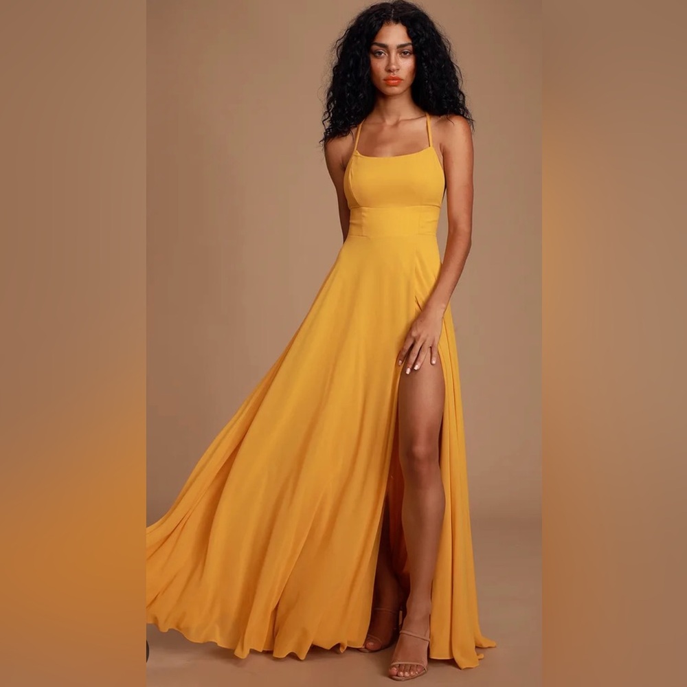 Lulus Women’s Medium Mustard Yellow Chiffon Formal Dress Front Slit Backless